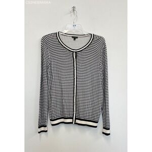 Talbots Black/White Cotton Blend Houndstooth Button-Up Cardigan Sweater - Size L